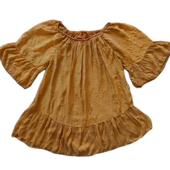 Womens Dress Medium Mini Peasant Bell Sleeve Ruffle Golden Fairy Cottage Beachy - Picture 1 of 10